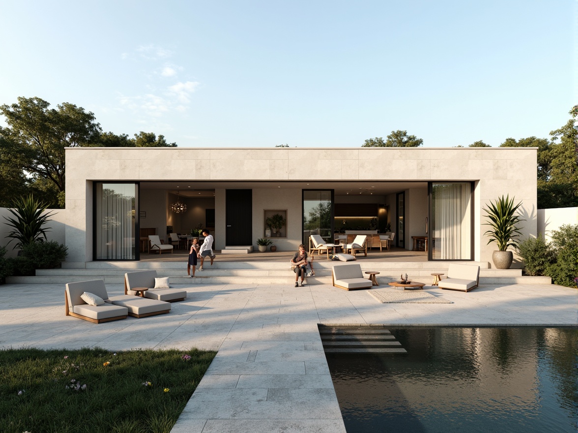 Prompt: Minimalist villa, clean lines, monochromatic color scheme, natural stone walls, large windows, sliding glass doors, open-plan living space, sleek furniture, subtle textures, ambient lighting, shallow depth of field, 3/4 composition, symmetrical facade, modern architecture, green roofs, sustainable materials, serene atmosphere, warm sunny day, soft shadows.