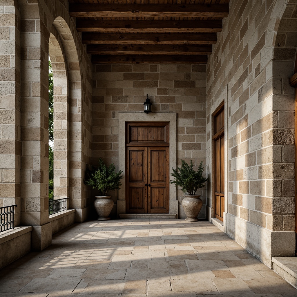 Prompt: Rustic stone walls, weathered wood accents, rough-hewn brick facades, textured concrete columns, ornate metal railings, distressed finishes, vintage-inspired decorative elements, earthy color palette, natural materiality, organic forms, intricate stonework patterns, ambient lighting effects, soft focus blur, 1/1 composition, realistic surface details.