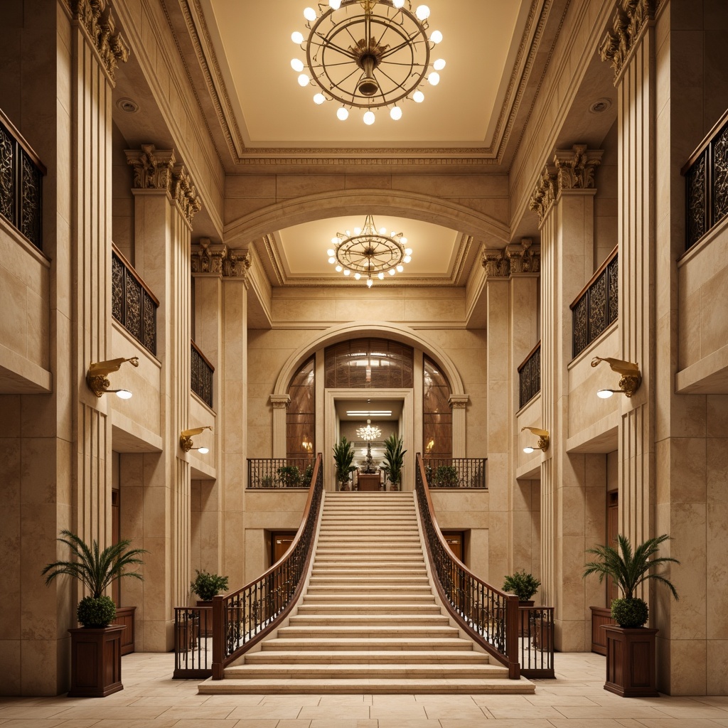 Prompt: Majestic courthouse building, neoclassical architecture, grand staircase, ornate columns, symmetrical facade, warm beige stone walls, rich wood accents, elegant chandeliers, soft golden lighting, subtle color harmony, earthy tones, muted pastels, creamy whites, gentle contrast, balanced composition, 1/2 rule perspective, shallow depth of field, realistic textures, ambient occlusion.