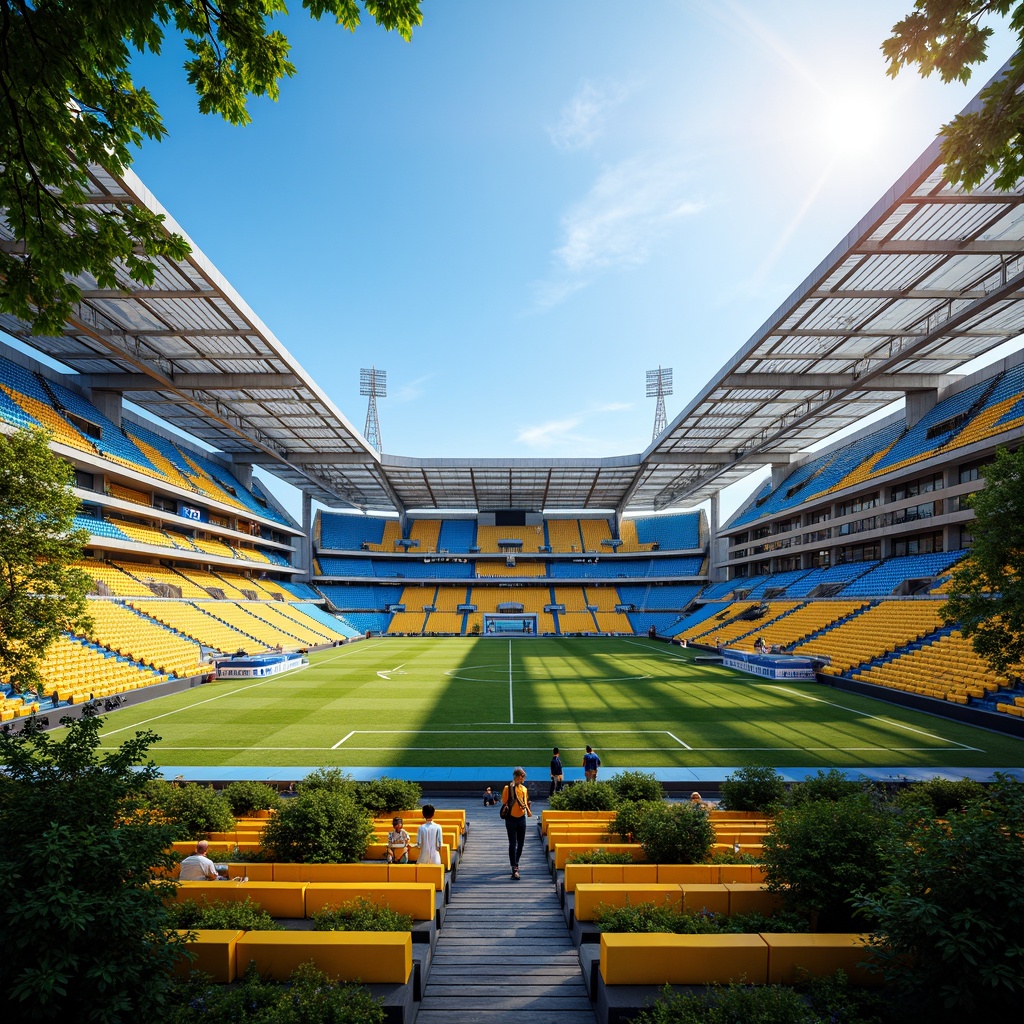 Prompt: Vibrant stadium architecture, bold geometric shapes, electric blue accents, sunny yellow seats, lush green turf, dynamic LED lighting, modern metallic fa\u00e7ade, sleek glass roofs, abstract urban patterns, energetic crowd atmosphere, warm afternoon sunlight, shallow depth of field, 1/2 composition, realistic textures, ambient occlusion.