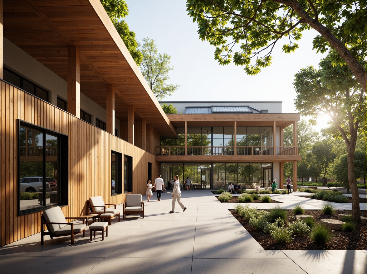 Prompt: Visitor center, rustic wooden exterior, earthy tones, abundance of natural light, floor-to-ceiling windows, skylights, clerestory windows, open-air courtyard, green roofs, living walls, solar panels, energy-efficient systems, eco-friendly materials, minimalist interior design, neutral color palette, warm wood accents, comfortable seating areas, interactive exhibits, educational signage, panoramic views, shallow depth of field, 3/4 composition, soft warm lighting.