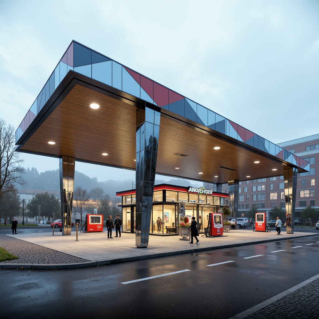 Prompt: Retro-futuristic gas station, angular steel structures, gleaming chrome accents, rectangular prismatic forms, cantilevered canopies, bold color blocking, geometric patterns, industrial materials, polished concrete floors, metal mesh grilles, minimalist signage, functional lighting, modernist typography, urban landscape, morning fog, soft diffused light, 1/1 composition, realistic reflections, ambient occlusion.