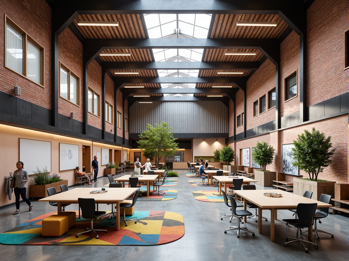 Prompt: Rustic high school building, exposed brick facade, industrial metal beams, reclaimed wood accents, corrugated steel roofing, eco-friendly materials, sustainable design, natural ventilation systems, abundant skylights, minimalist interior, polished concrete floors, modular furniture, collaborative learning spaces, interactive whiteboards, colorful textiles, geometric patterns, innovative LED lighting, warm ambient glow, shallow depth of field, 1/1 composition, realistic textures.