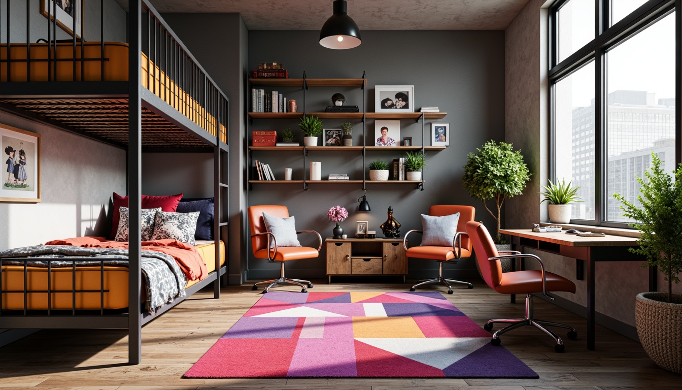 Prompt: Vibrant dorm rooms, functional storage units, minimalist metal frames, geometric-patterned textiles, bold color accents, tubular steel chairs, adjustable desk lamps, industrial-chic decor, urban loft-inspired ambiance, natural light pouring in, 1/1 composition, softbox lighting, realistic fabric textures, ambient occlusion.