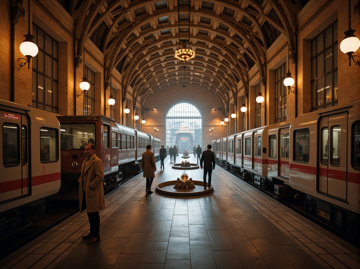 Prompt: Grand metro station, Romanesque archways, ornate stone carvings, vaulted ceilings, dramatic lighting, bustling urban atmosphere, modern transportation hub, sleek trains, futuristic rail systems, intricate tile work, warm earthy tones, atmospheric fog effects, shallow depth of field, 1/2 composition, low-angle shot, cinematic mood, realistic textures, ambient occlusion.