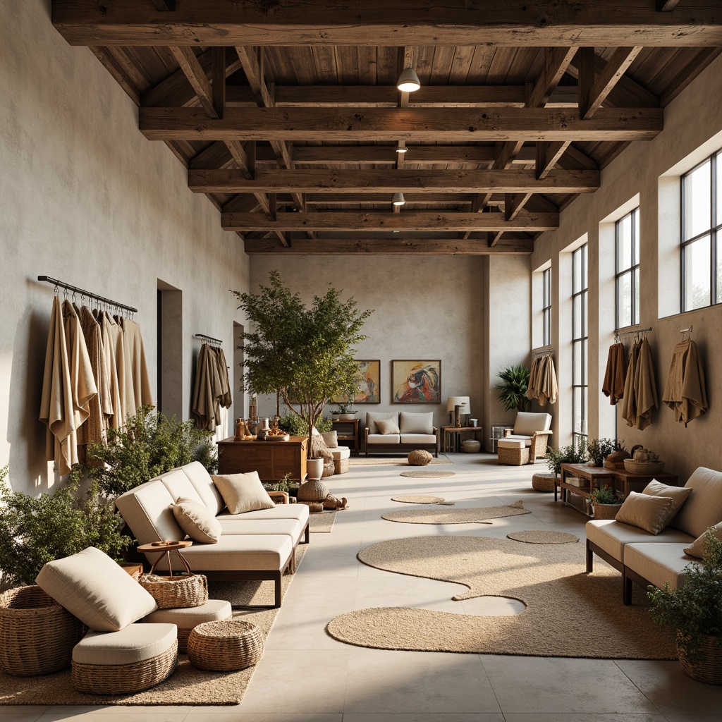 Prompt: Neutral-toned market hall, minimalist architecture, exposed concrete walls, polished metal accents, reclaimed wood beams, industrial chic aesthetic, natural fiber textiles, woven baskets, jute rugs, linen upholstery, cotton fabrics, subtle pattern repetitions, earthy color palette, warm soft lighting, shallow depth of field, 1/1 composition, realistic textures, ambient occlusion.