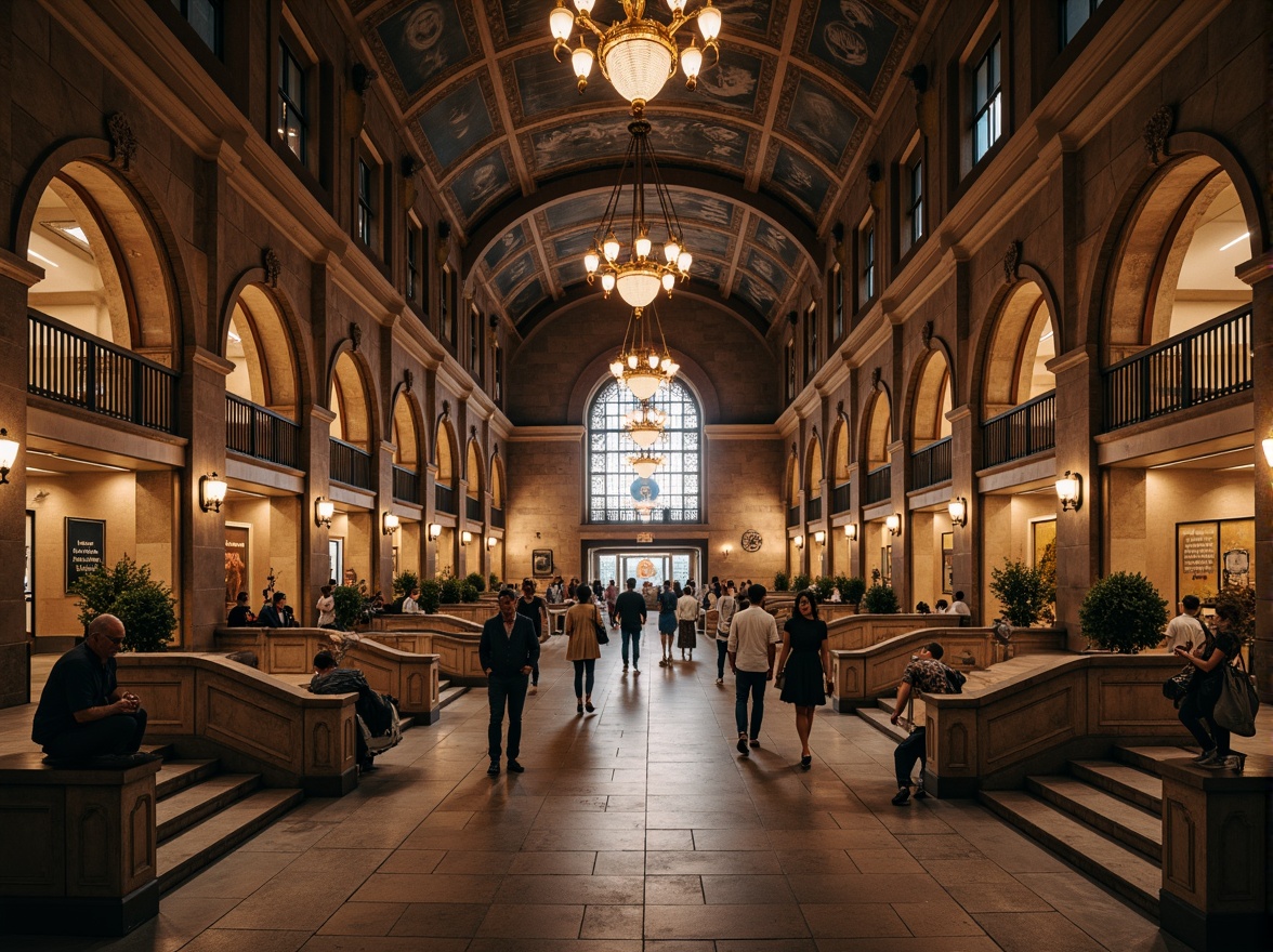 Prompt: Grand metro station, Romanesque archways, ornate columns, vaulted ceilings, rustic stone walls, intricate mosaics, elegant chandeliers, vintage lamps, curved staircases, modern transportation systems, busy commuter atmosphere, morning rush hour, soft warm lighting, shallow depth of field, 1/1 composition, symmetrical view, realistic textures, ambient occlusion.