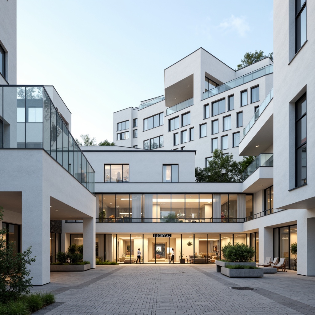 Prompt: Clean white hospital facade, angular lines, rectangular shapes, cantilevered roofs, prominent columns, minimalist ornamentation, steel frame structures, glass curtain walls, natural stone cladding, modern hospital signage, wheelchair-accessible ramps, automatic sliding doors, sterile atmosphere, soft warm lighting, shallow depth of field, 3/4 composition, realistic textures, ambient occlusion.