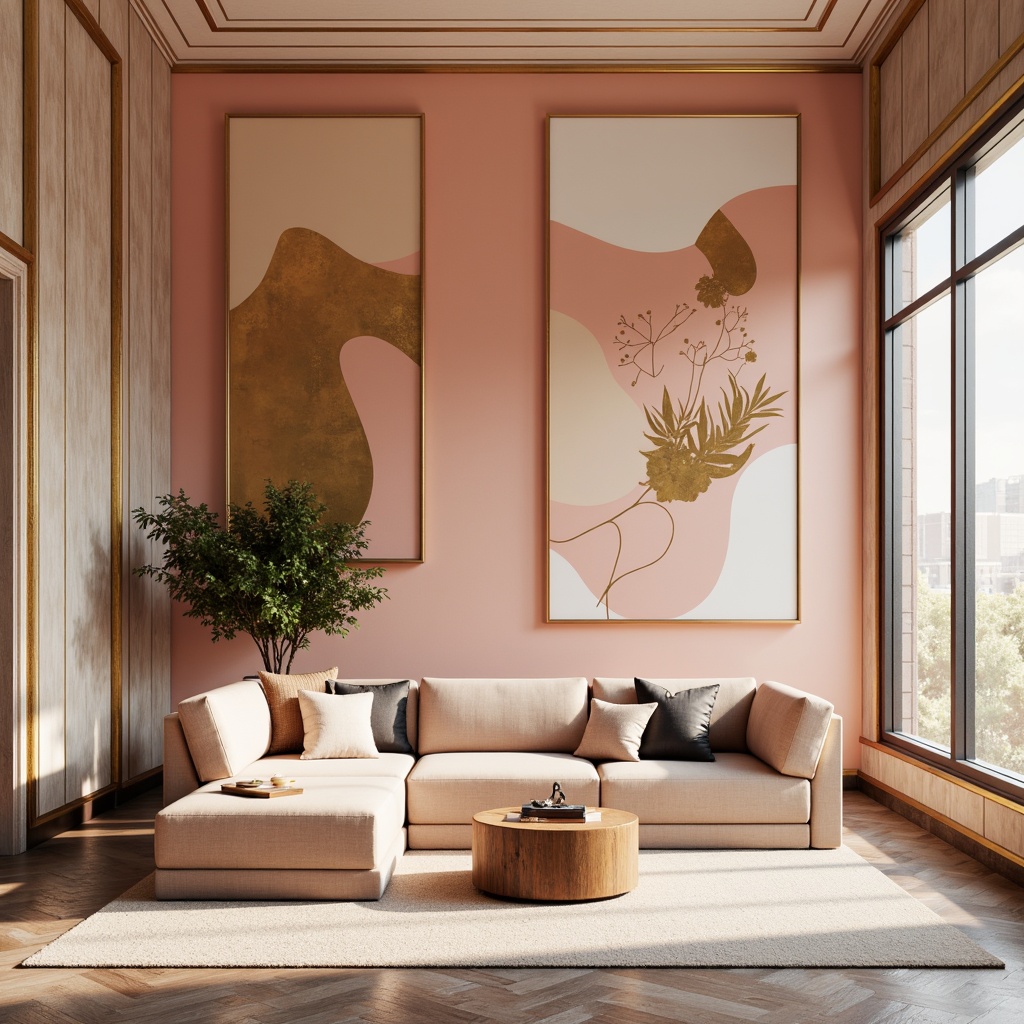 Prompt: Vibrant modern interior, pastel color scheme, soft peach tones, creamy whites, rich wood accents, metallic gold details, bold black outlines, abstract geometric patterns, natural stone textures, luxurious fabrics, moody atmospheric lighting, shallow depth of field, 1/2 composition, realistic renderings, ambient occlusion.