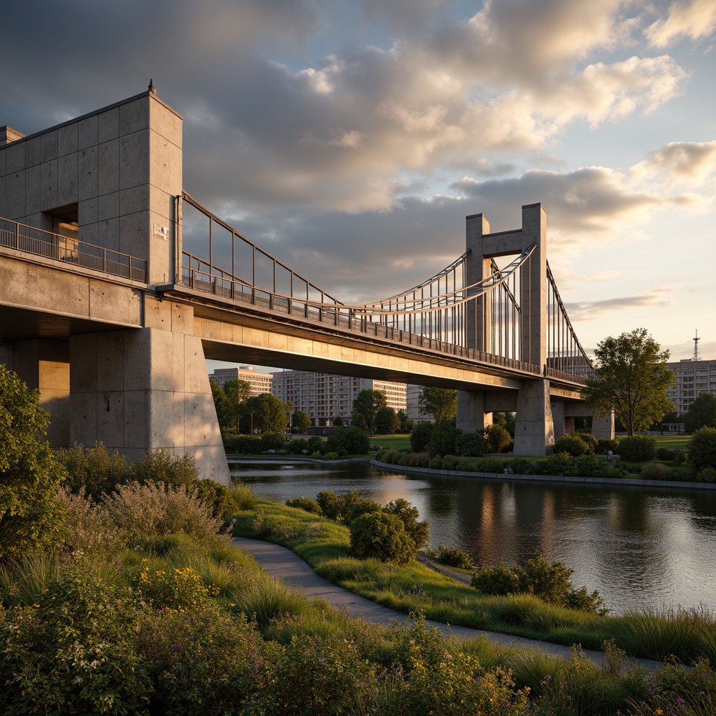 Prompt: Rugged brutalist bridge, industrial metal structures, weathered concrete surfaces, imposing geometric forms, urban landscape integration, pedestrian walkways, cyclist paths, vibrant greenery, native plant species, wildflower meadows, serene water features, reflective pools, dramatic skies, warm golden lighting, low-angle photography, 1/1 composition, cinematic atmosphere, realistic textures, ambient occlusion.