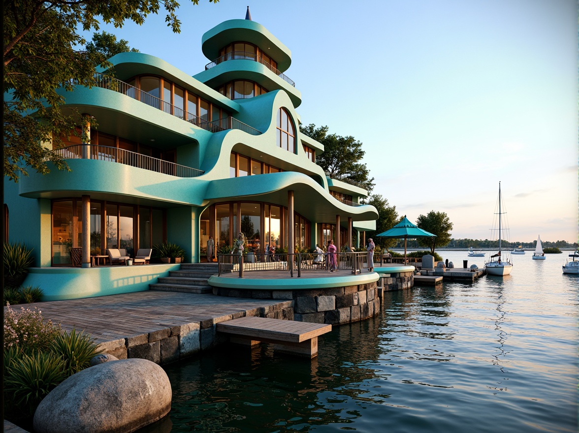 Prompt: Waterfront location, serene lake views, ornate boathouse, Art Nouveau-inspired facade, flowing curves, organic forms, sinuous lines, vibrant turquoise accents, natural stone foundations, wooden dock, sailboats, rippling water reflections, soft warm lighting, shallow depth of field, 1/2 composition, romantic atmosphere, whimsical details, intricate ironwork, ornate wood carvings, stained glass windows, decorative turrets, majestic entrance, lush greenery, blooming flowers.