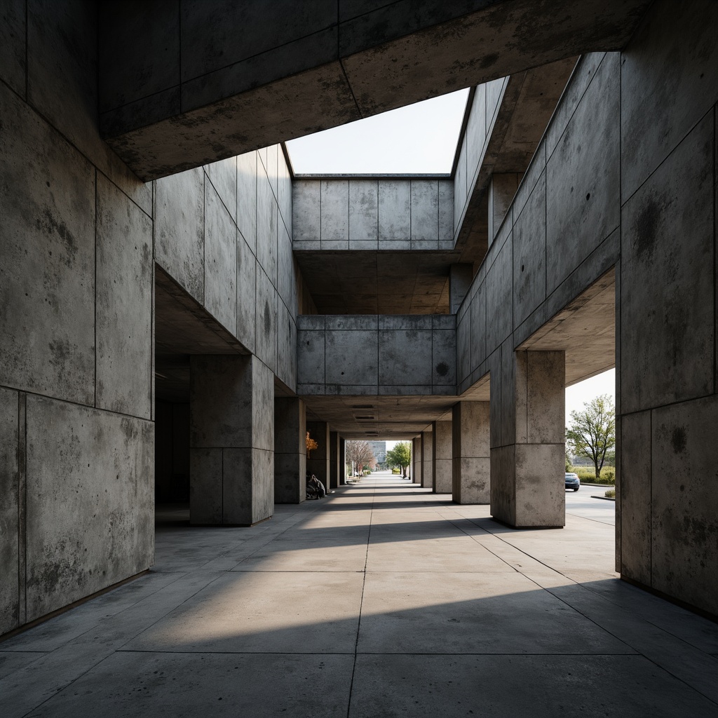 Prompt: Brutalist concrete structures, rugged textures, raw industrial materials, exposed ductwork, steel beams, reinforced columns, geometric shapes, minimalist aesthetics, monochromatic color schemes, dramatic lighting effects, high-contrast shadows, angular compositions, 2/3 framing, cinematic atmosphere, hyper-realistic rendering, intricate details, ambient occlusion, realistic physics simulations.