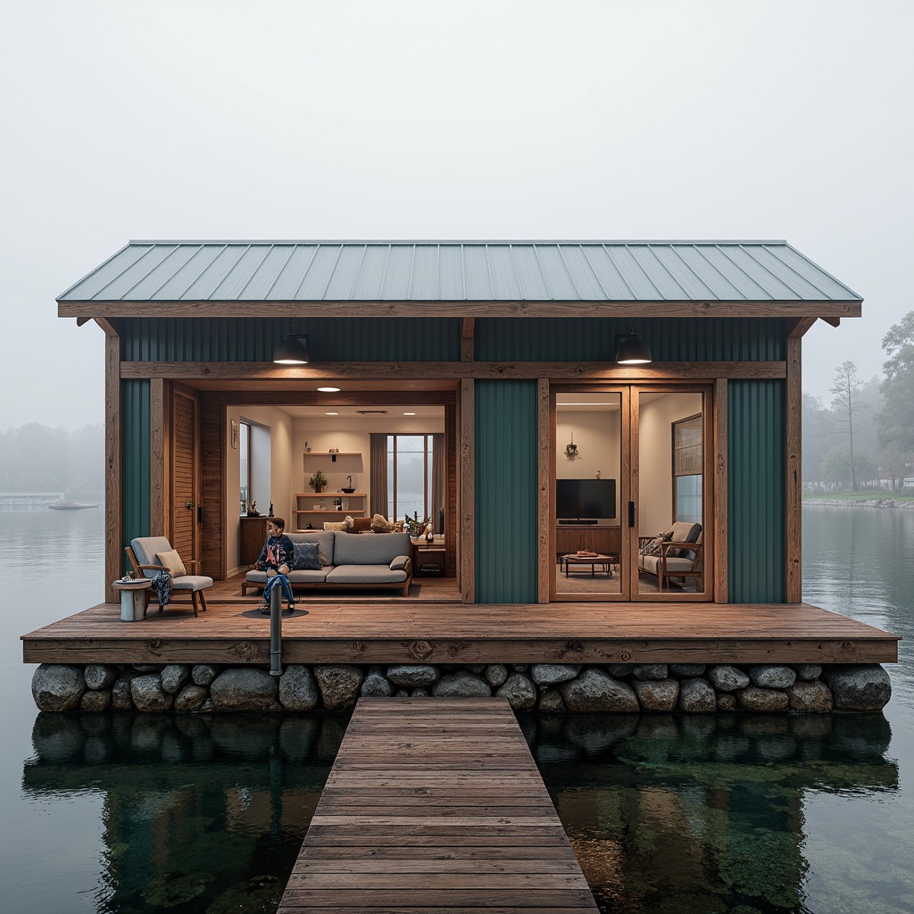 Prompt: Rustic boathouse, waterfront location, wooden dock, nautical theme, weathered wood textures, natural stone foundation, metal roof, corrugated iron cladding, glass windows, sliding doors, marine-grade materials, durable finishes, ocean-inspired color palette, serene lake views, misty morning atmosphere, soft warm lighting, shallow depth of field, 1/2 composition, realistic reflections, ambient occlusion.