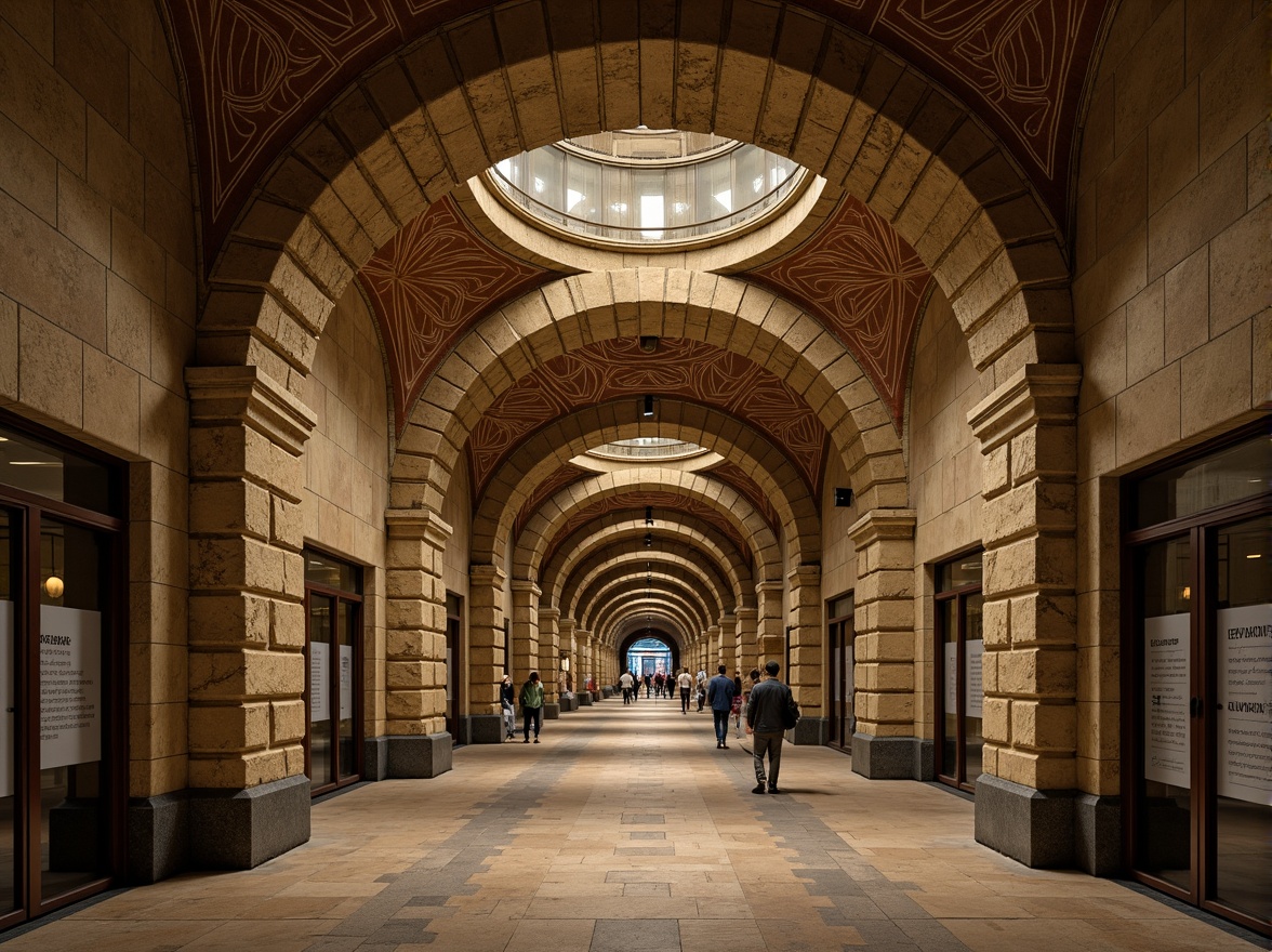 Prompt: Romanesque metro station, stone archways, vaulted ceilings, ornate carvings, rusticated stonework, grand entrance halls, imposing columns, rounded tunnel portals, earthy color palette, natural stone textures, warm ambient lighting, shallow depth of field, 3/4 composition, symmetrical framing, detailed architectural elements, intricate masonry patterns, historic preservation, urban infrastructure, busy city atmosphere.