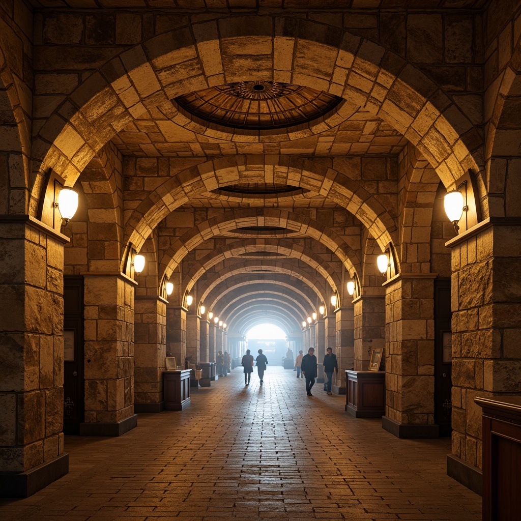 Prompt: Rustic underground metro station, Romanesque arches, ornate stone carvings, warm golden lighting, rough-hewn stonework, brick-lined tunnels, vaulted ceilings, grand entrance halls, imposing columns, intricate masonry patterns, earthy tones, natural textures, ambient shadows, 1/1 composition, soft focus, atmospheric mist.