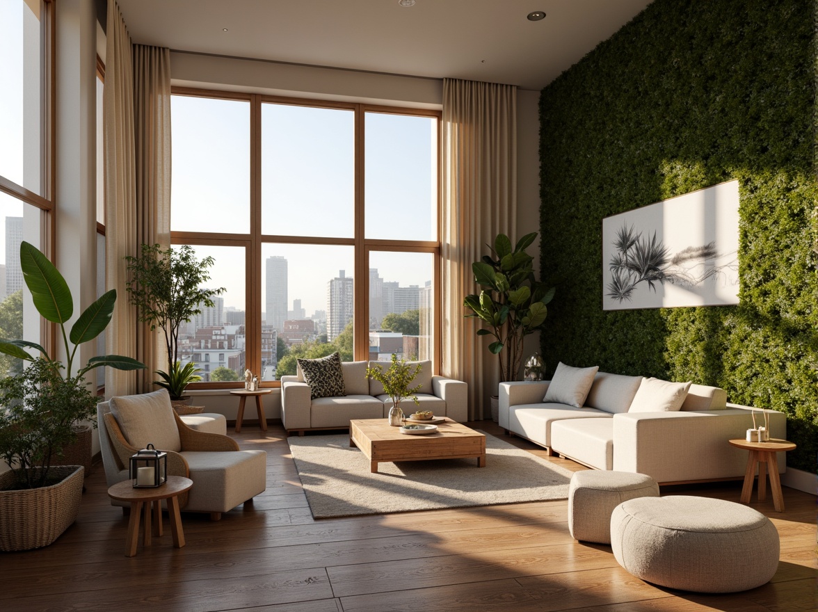 Prompt: Cozy living room, comfortable furniture, soft cushions, warm lighting, wooden floors, large windows, natural ventilation, minimalist decor, calming color palette, serene atmosphere, relaxed ambiance, functional storage spaces, smart home automation, high ceilings, open-plan layout, flexible living areas, acoustic panels, ambient noise reduction, green walls, air-purifying plants, natural materials, sustainable design, eco-friendly appliances, energy-efficient systems, panoramic city views, morning sunlight, soft shadows, 1/2 composition, shallow depth of field, realistic textures.