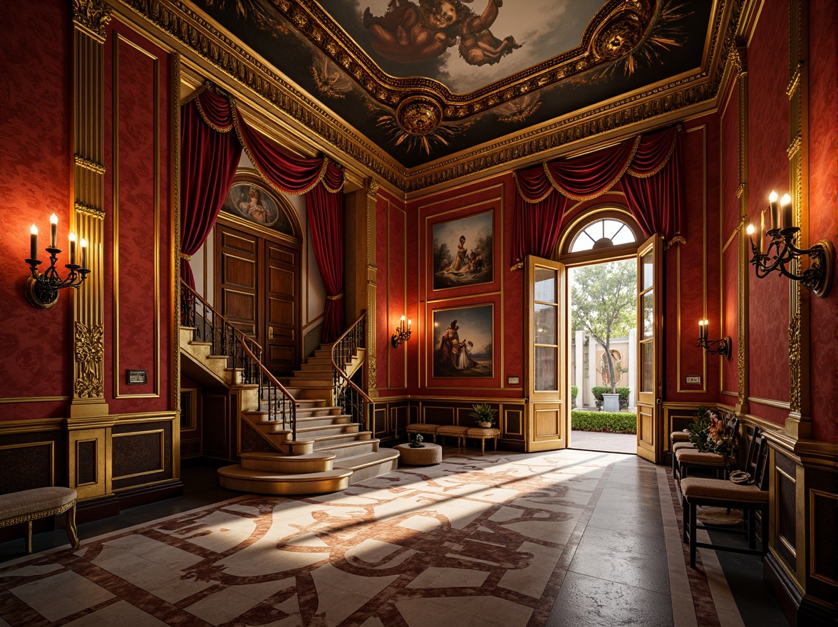 Prompt: Ornate Baroque palace, rich gold accents, lavish crimson walls, opulent marble floors, intricate fresco ceilings, grandiose staircases, ornamental balconies, gilded moldings, luxurious velvet drapes, warm candlelight, dramatic chiaroscuro, 1/2 composition, close-up shot, high contrast ratio, realistic textures, ambient occlusion.