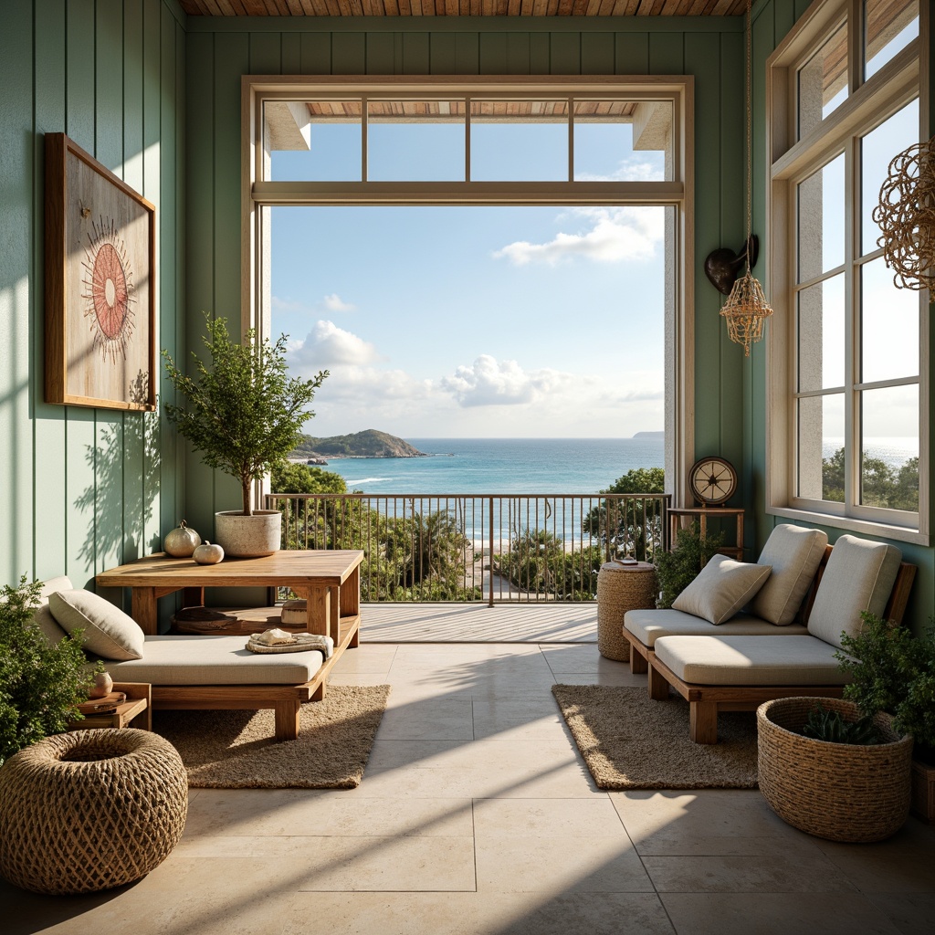 Prompt: Calming ocean views, seaside ambiance, driftwood accents, nautical ropes, fishing nets, sandy beige floors, seafoam green walls, coral-inspired decorative tiles, distressed wood tables, comfortable linen upholstery, natural jute rugs, vintage navigation instruments, soft warm lighting, shallow depth of field, 1/1 composition, realistic textures, ambient occlusion.