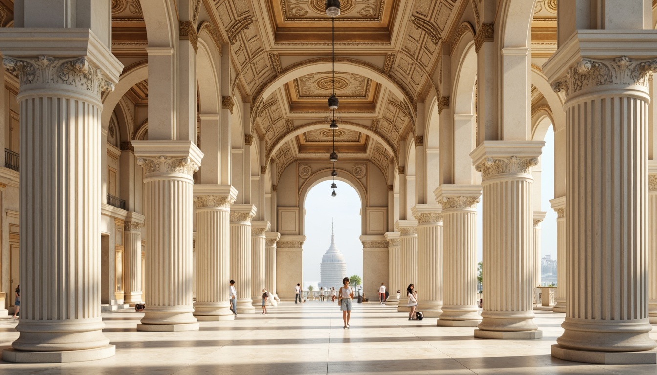 Prompt: Grandiose columns, ornate capitals, fluted shafts, Corinthian-inspired designs, majestic arches, symmetrical facades, balanced compositions, elegant proportions, creamy white marble, subtle shadowing, warm golden lighting, atmospheric perspective, 1/2 composition, realistic rendering, intricate details.