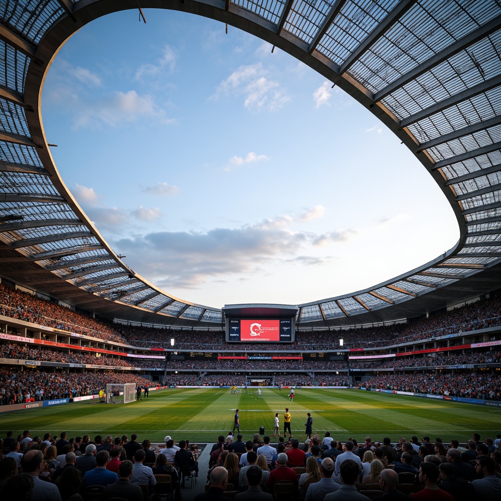 Prompt: Sleek football stadium, curved rooflines, cantilevered canopies, lightweight steel frames, tensile fabric membranes, transparent polycarbonate panels, modern minimalistic design, open-air concourses, tiered seating areas, vibrant team color schemes, floodlighting systems, evening sunset ambiance, 1/2 composition, shallow depth of field, realistic crowd simulations.