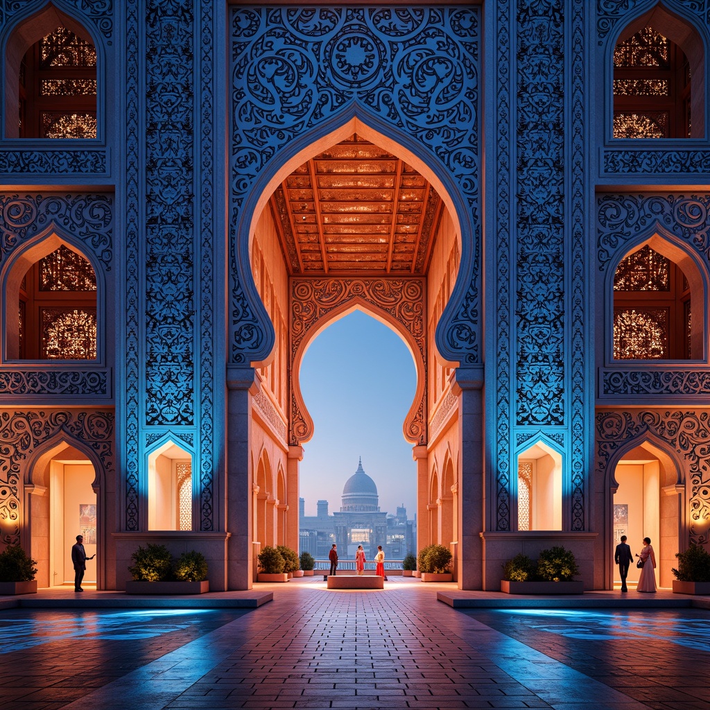 Prompt: Intricate Islamic-inspired arches, vibrant Moorish tiles, symmetrical floral motifs, ornate lattice screens, bold geometric shapes, colorful mosaics, intricate Arabesque designs, futuristic metallic surfaces, holographic patterns, neon-lit cityscapes, sleek minimalist backgrounds, low-poly 3D models, atmospheric fog effects, soft gradient color transitions, cinematic wide-angle shots, 2.5D composition, stylized digital illustrations, high-contrast lighting, ambient Occlusion.