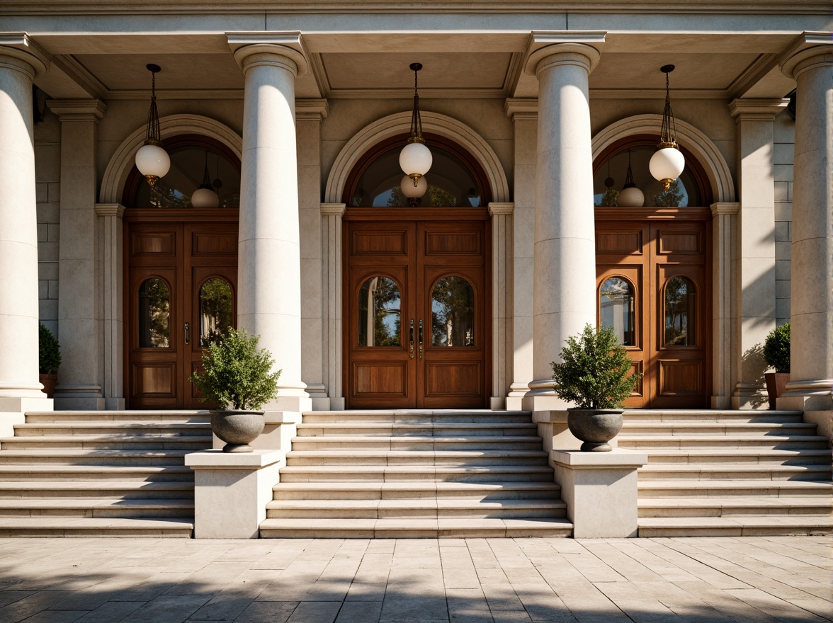 Prompt: Grandiose courthouse entrance, Corinthian columns, ornate capitals, symmetrical fa\u00e7ade, majestic stone stairs, intricately carved balustrades, bronze door handles, imposing wooden doors, classical pediments, sculpted figurines, solemn atmosphere, warm natural lighting, high ceilings, marble floors, elegant chandeliers, subtle arches, refined moldings, dignified exterior, morning sunlight, soft shadows, shallow depth of field, 1/2 composition.