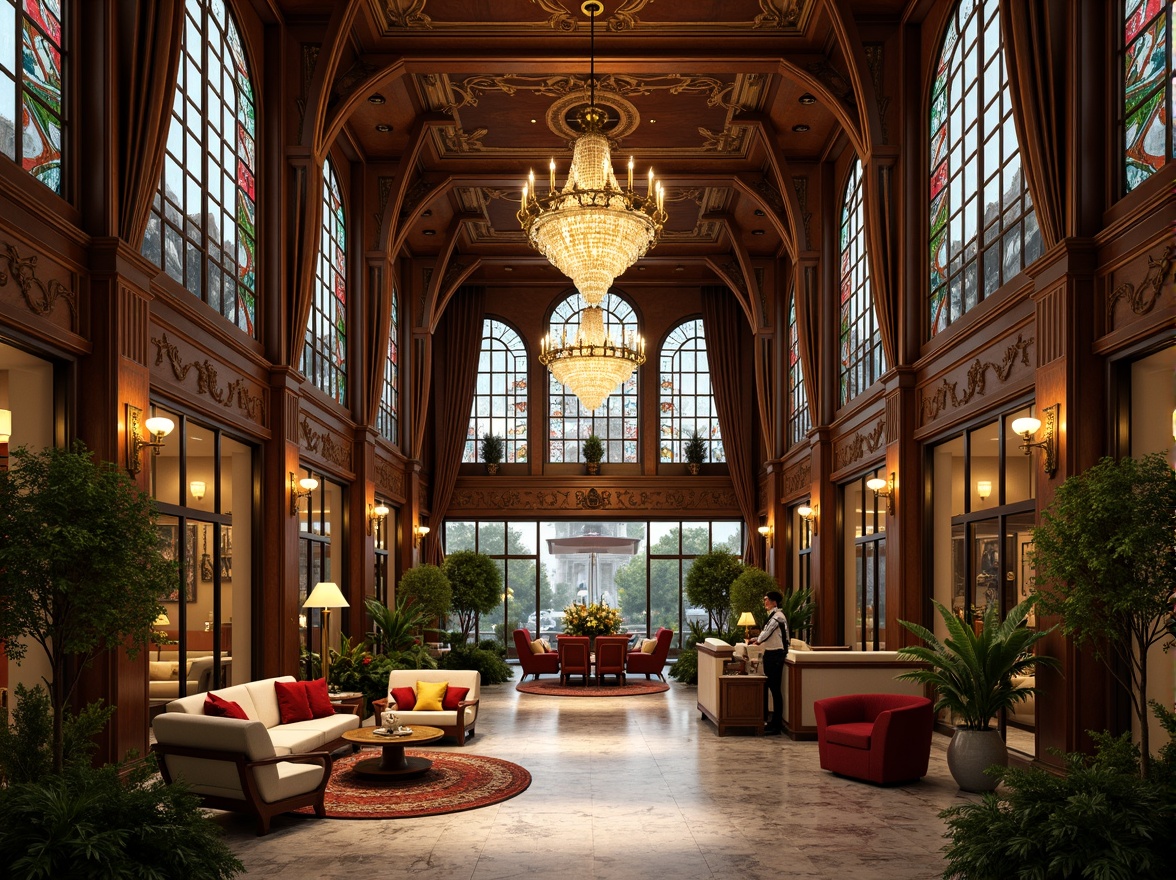 Prompt: Grand luxury hotel, ornate Art Nouveau fa\u00e7ade, sinuous lines, flowing curves, organic motifs, intricate ironwork, stained glass windows, lush greenery, lavish furnishings, opulent chandeliers, marble floors, velvet drapes, gilded accents, warm golden lighting, soft focus, shallow depth of field, 1/2 composition, intimate atmosphere, romantic ambiance, vintage elegance, sophisticated luxury.