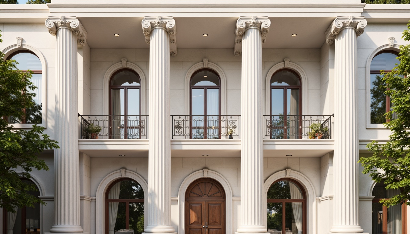 Prompt: Grandiose building facade, Corinthian columns, ornate capitals, symmetrical composition, neutral color palette, creamy white marble, rusticated quoins, decorative pilasters, curved balconies, wrought iron railings, classic pediments, arched windows, ornate doorways, subtle gradient lighting, soft focus effect, 1/2 composition, shallow depth of field, realistic textures, ambient occlusion.