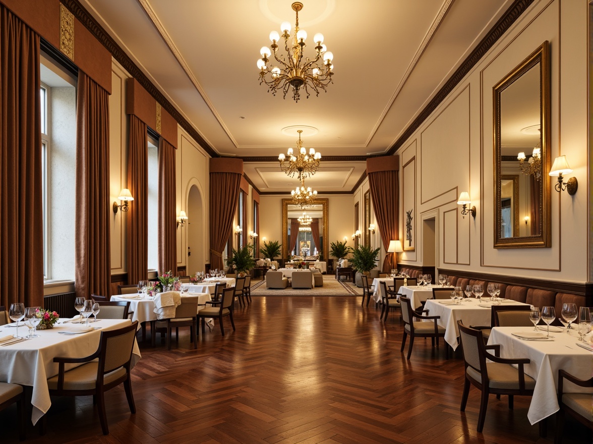 Prompt: Luxurious dining hall, elegant chandeliers, rich wood flooring, cream-colored walls, ornate mirrors, velvet drapes, golden accents, crystal glassware, formal table settings, comfortable upholstered chairs, warm ambient lighting, soft diffused shadows, 1/1 composition, realistic reflections, intricate molding details.