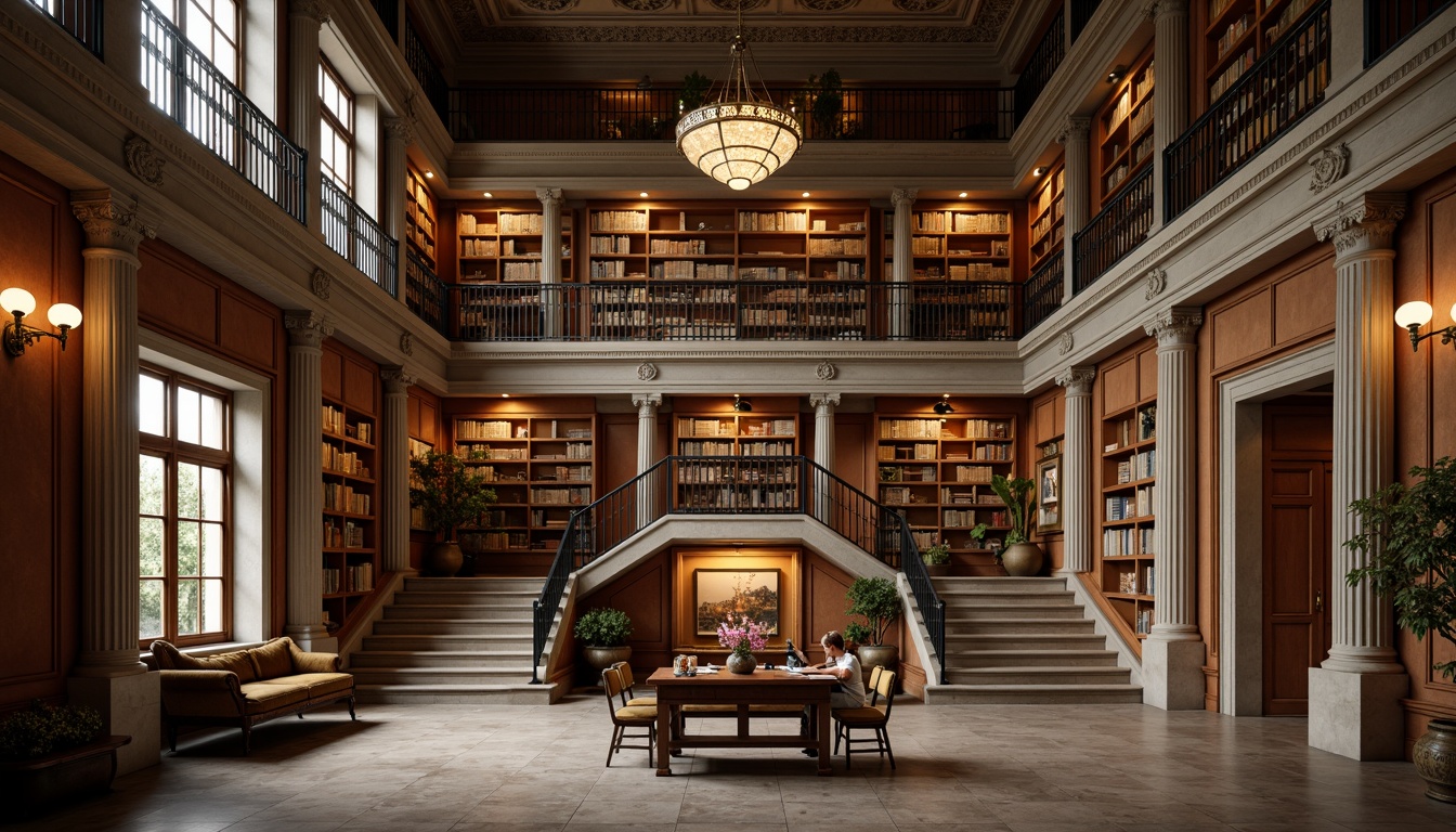 Prompt: Grand neoclassical library, symmetrical facade, ornate columns, carved stone details, imposing entrance, sweeping staircases, high ceilings, elegant chandeliers, rich wood paneling, comfortable reading nooks, lavish furnishings, classic bookshelves, subtle color palette, soft warm lighting, 1/1 composition, central axis symmetry, perfect bilateral balance, realistic textures, ambient occlusion.