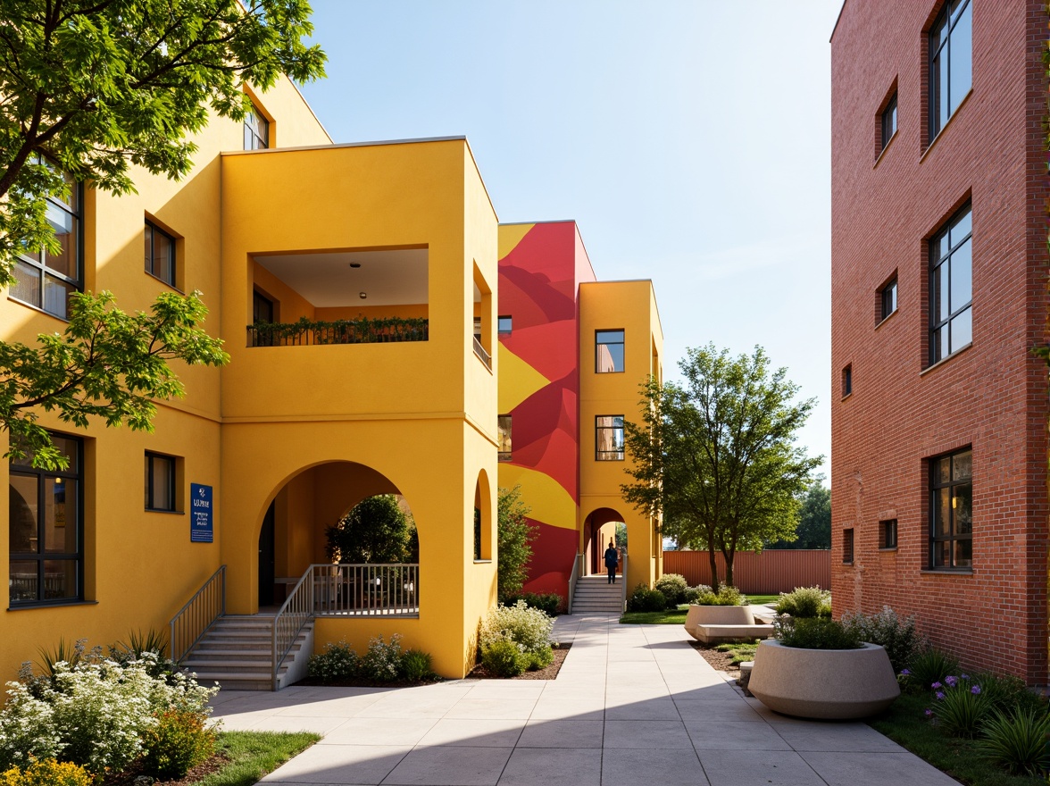 Prompt: Vibrant yellow walls, bold red accents, dynamic geometric shapes, abstract murals, decorative brick patterns, ornate metal railings, grand entrance archways, asymmetrical rooflines, irregular window arrangements, playful concrete textures, educational signage, lively outdoor spaces, shaded walkways, blooming flowerbeds, sunny afternoon, warm soft lighting, shallow depth of field, 2/3 composition, realistic rendering, ambient occlusion.