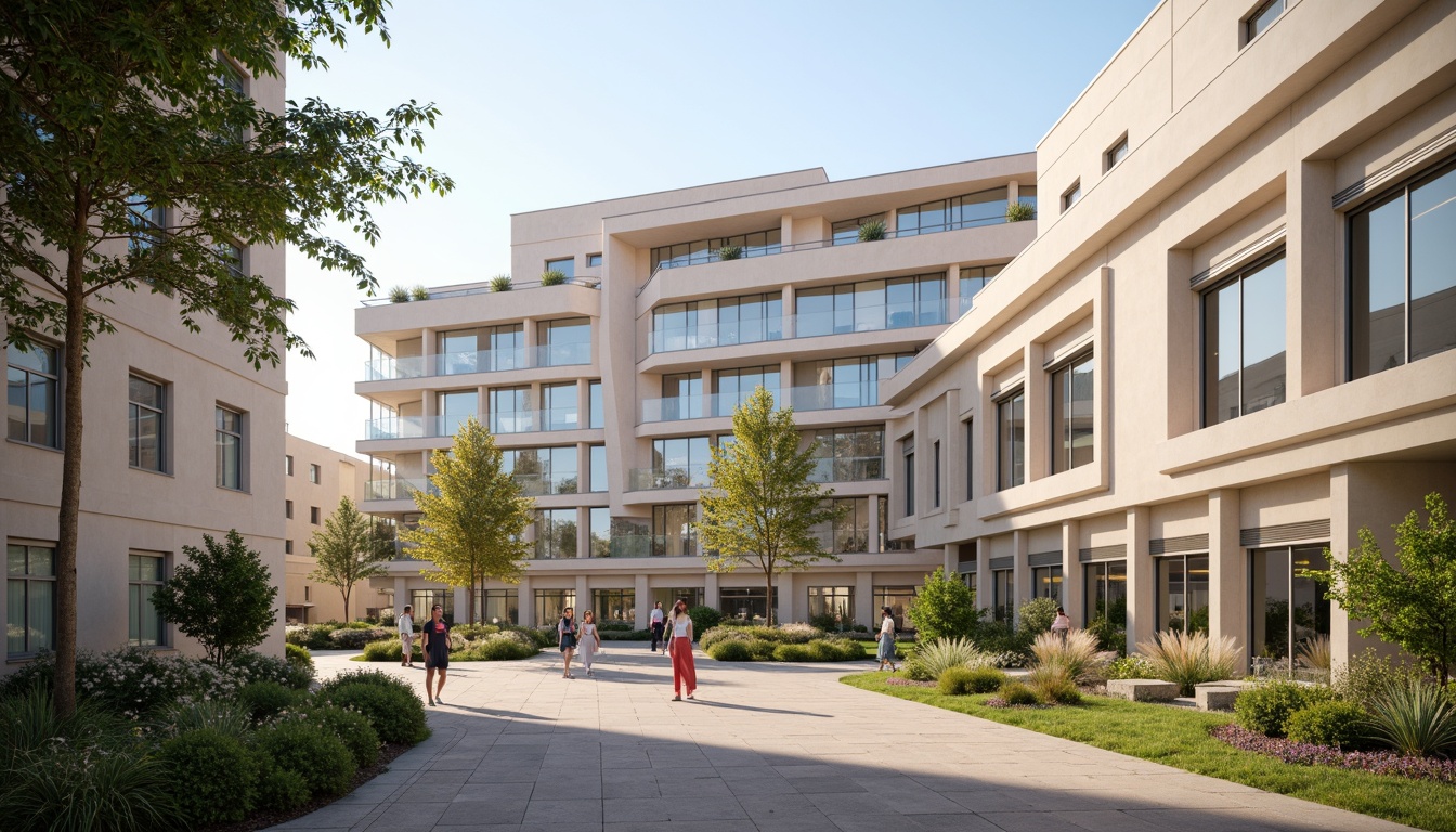 Prompt: Calming hospital exterior, soothing color palette, gentle curves, natural stone fa\u00e7ade, large windows, warm lighting, serene atmosphere, minimalist interior design, pastel-colored walls, soft furnishings, healing art installations, lush greenery, peaceful courtyard, subtle texture variations, harmonious color contrasts, 1/1 composition, realistic rendering, ambient occlusion, warm afternoon light, shallow depth of field.