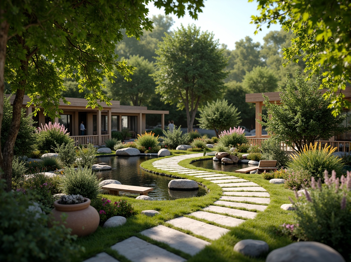 Prompt: Soothing garden oasis, lush green vegetation, vibrant flowering plants, meandering stone pathways, tranquil water features, rustic wooden benches, natural rock formations, earthy terracotta pots, serene koi ponds, soft gentle lighting, warm sunny day, shallow depth of field, 3/4 composition, panoramic view, realistic textures, ambient occlusion.