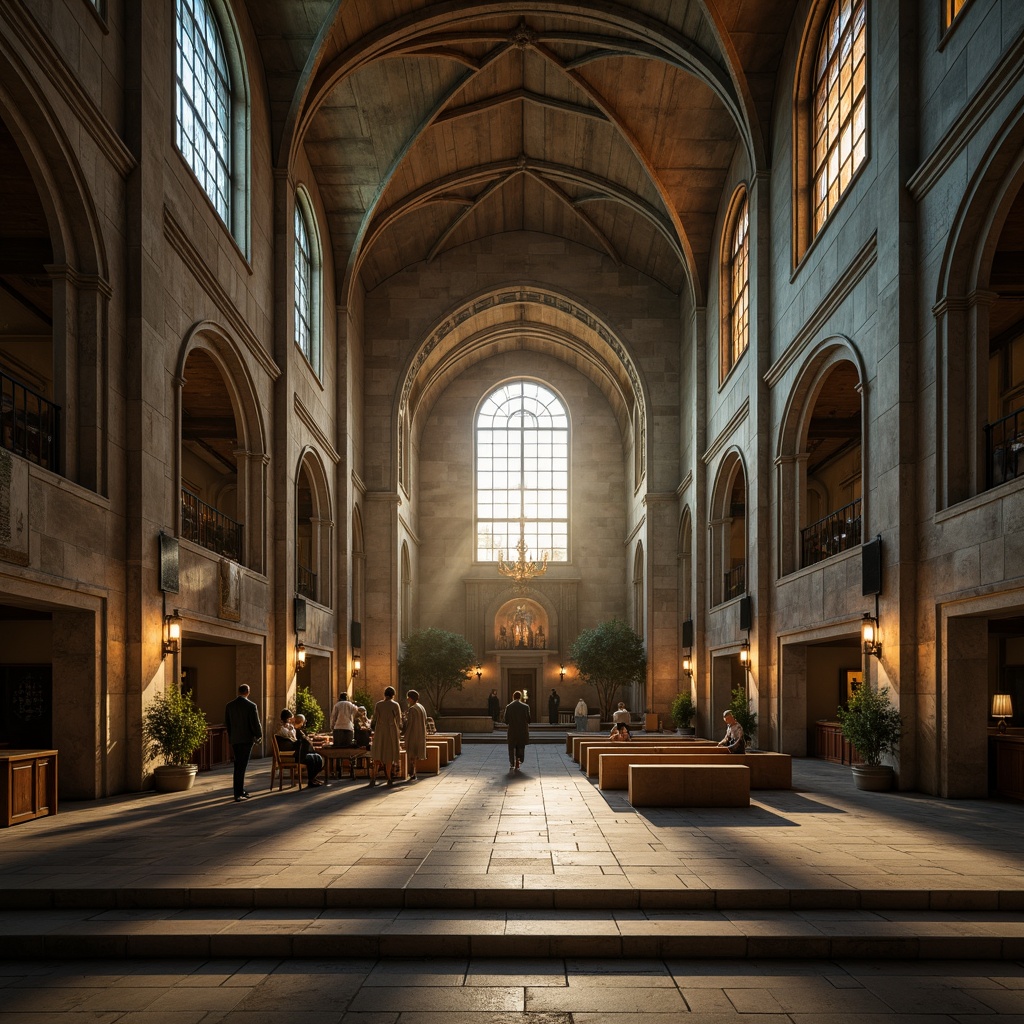 Prompt: Rugged brutalist church, raw concrete walls, fortress-like architecture, angular lines, dramatic lighting, stained glass windows, geometric patterns, ornate stone carvings, minimalist interior, industrial materials, exposed ductwork, steel beams, ribbed vaults, grandiose scale, atmospheric ambiance, warm golden lighting, shallow depth of field, 1/1 composition, symmetrical view, realistic textures, ambient occlusion.