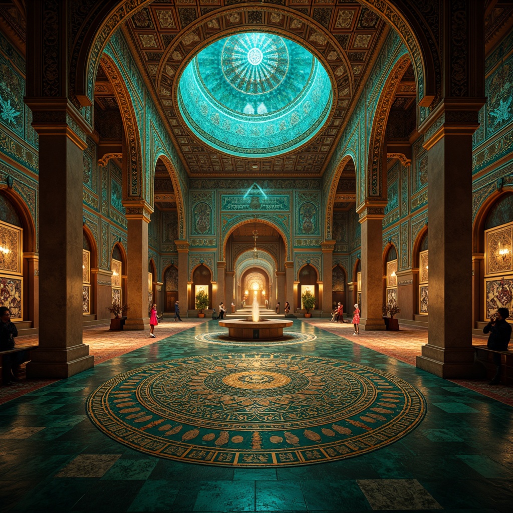 Prompt: Intricate Islamic geometric patterns, mesmerizing mandalas, ornate Moorish architecture, lavish luxurious textures, vibrant turquoise accents, gilded details, opulent golden lighting, mystical atmospheric ambiance, ancient cultural inspirations, spiritual symbolism, elaborate ceramic tiles, hypnotic kaleidoscope effects, futuristic sci-fi influences, neon-lit metropolitan cityscapes, dynamic 3D modeling, high-contrast dramatic shading, cinematic composition, abstract expressionist art styles.