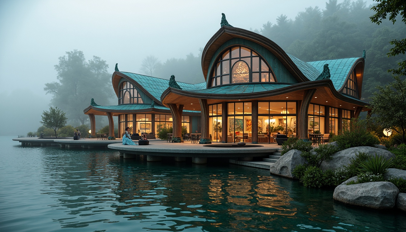 Prompt: Waterfront boathouse, curved lines, ornate decorations, flowing organic forms, sinuous shapes, stained glass windows, wooden accents, nautical themed ornaments, rippling water reflections, misty morning atmosphere, soft warm lighting, shallow depth of field, 1/2 composition, intimate close-up view, realistic textures, ambient occlusion, Art Nouveau inspired motifs, elegant ironwork, vibrant turquoise hues, natural stone foundations, lush greenery surroundings.