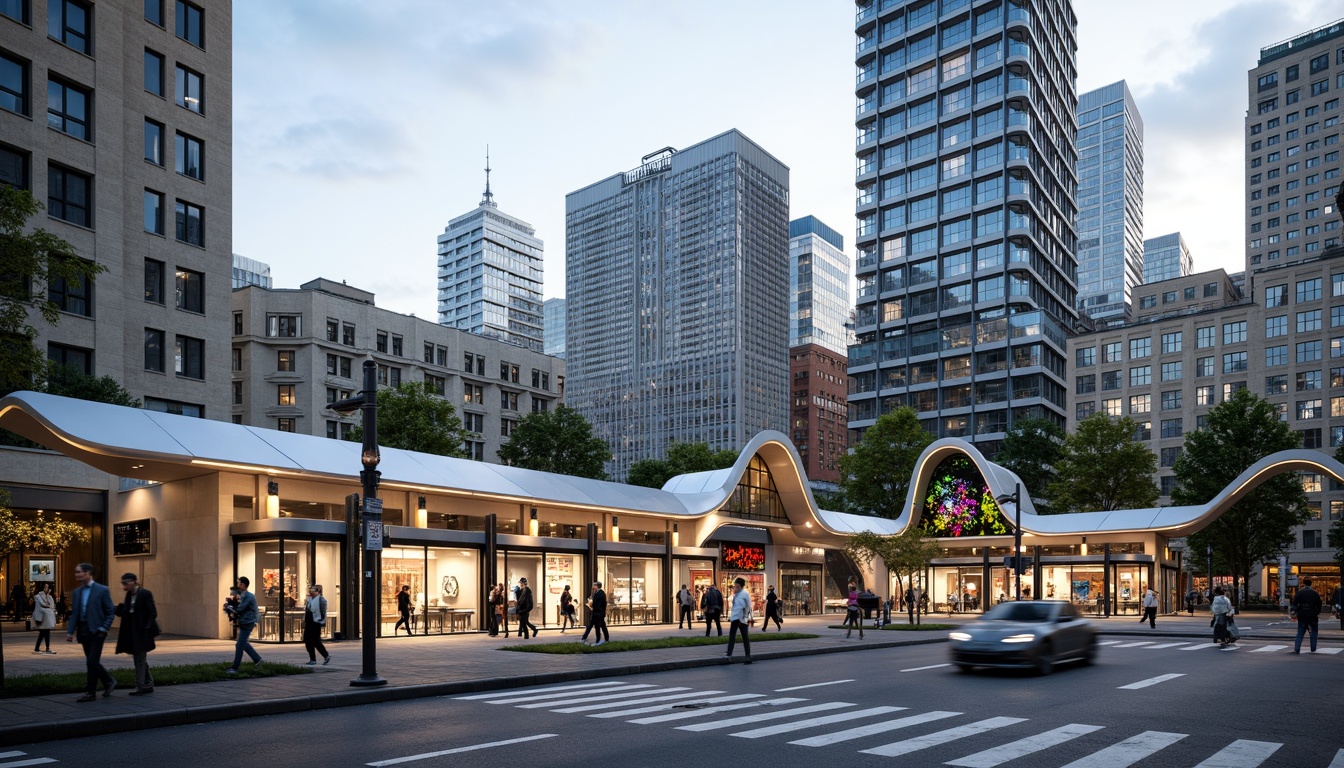 Prompt: Modern tram station, sleek metal fa\u00e7ade, LED lighting displays, glass roofs, cantilevered canopies, futuristic architecture, urban landscape, bustling streets, vibrant city life, dynamic curves, parametric design, sustainable materials, green walls, solar panels, wind turbines, eco-friendly infrastructure, innovative ventilation systems, natural light filtering, shallow depth of field, 1/1 composition, realistic reflections, ambient occlusion.