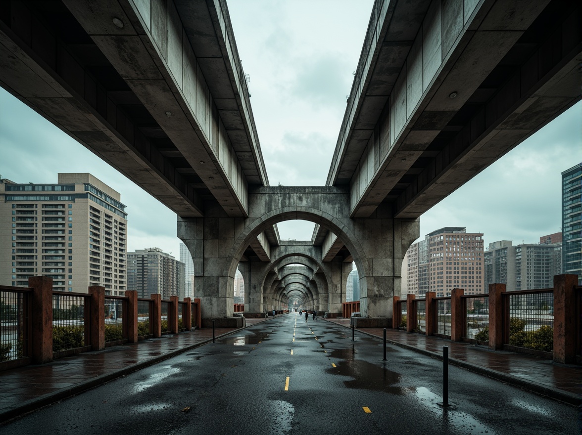 Prompt: Rugged brutalist bridge, exposed concrete surfaces, rough stone textures, industrial metal railings, weathered wooden accents, urban cityscape, gloomy overcast sky, dramatic lighting, deep shadows, bold geometric forms, functional minimalism, raw unfinished aesthetic, tactile materiality, worn patina, monumental scale, cinematic atmosphere, low-angle photography, symmetrical composition.