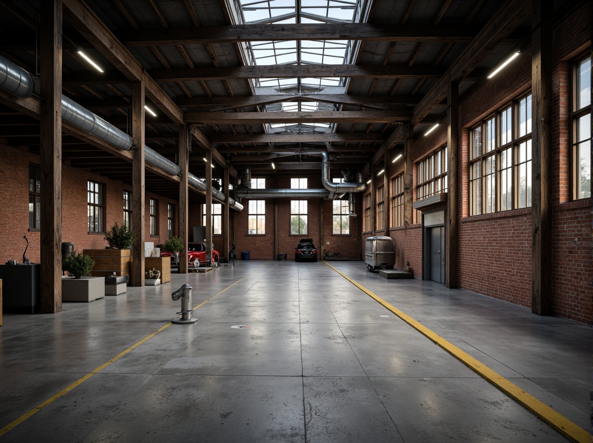 Prompt: Industrial warehouse, galvanized steel beams, fire brick walls, rustic metal accents, exposed ductwork, concrete flooring, modern minimalism, urban atmosphere, moody lighting, shallow depth of field, 1/1 composition, realistic textures, ambient occlusion.