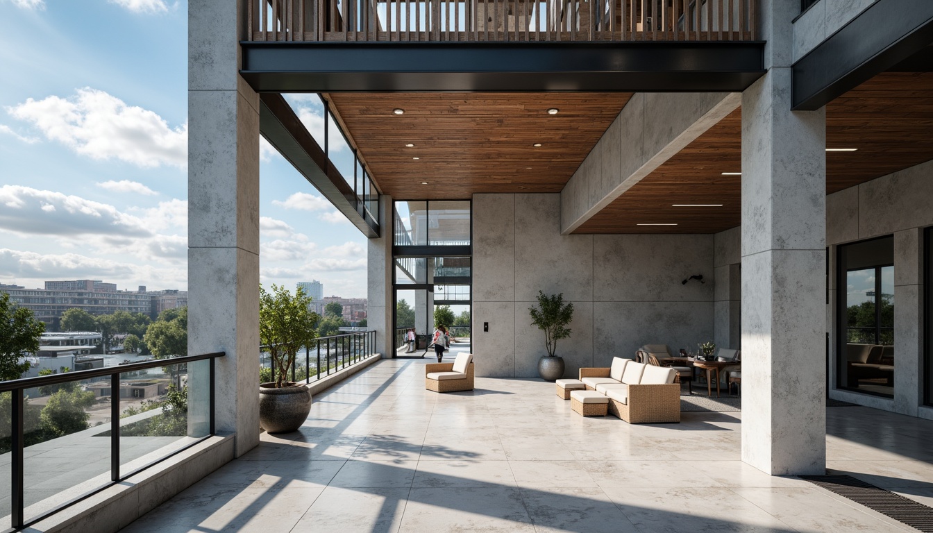 Prompt: Contemporary building facade, exposed concrete walls, industrial metal beams, reclaimed wood accents, polished marble floors, sleek glass railings, minimalist decor, urban cityscape, cloudy blue sky, soft natural light, 1/2 composition, shallow depth of field, realistic textures, ambient occlusion.