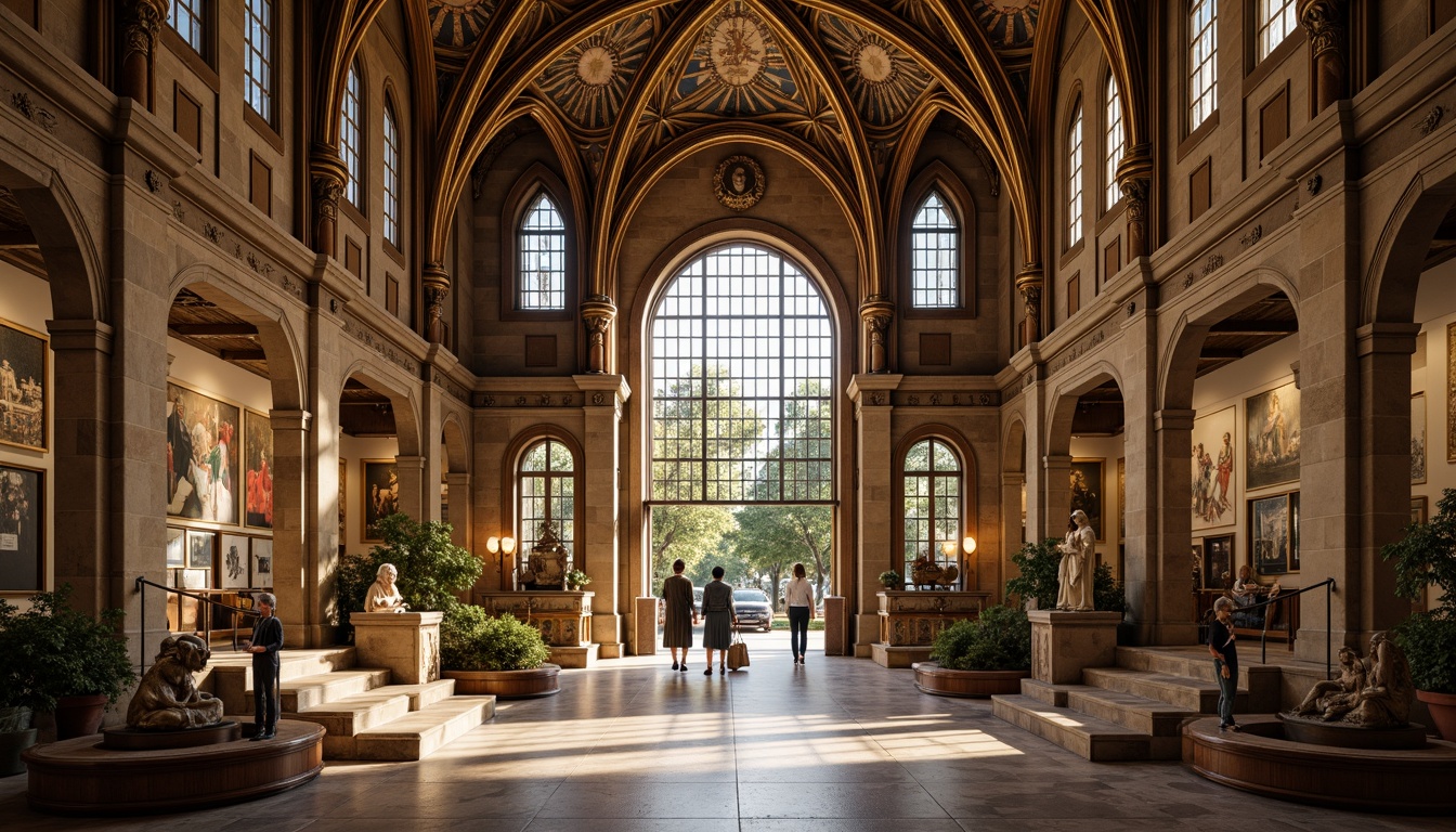 Prompt: Grand museum entrance, Romanesque archways, ornate stone carvings, vaulted ceilings, ribbed columns, stained glass windows, intricate mosaics, golden accents, majestic staircases, marble floors, soft warm lighting, shallow depth of field, 1/1 composition, realistic textures, ambient occlusion, historic atmosphere, cultural artifacts, exhibits displays.