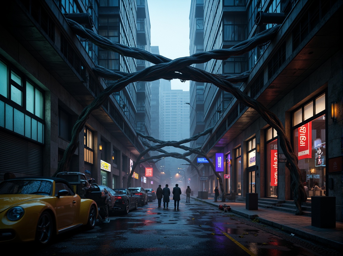 Prompt: Twisted metal bars, abstract organic forms, futuristic cityscape, dark moody lighting, industrial textures, metallic reflections, brutalist architecture, asymmetrical compositions, vibrant neon signs, urban nightlife atmosphere, misty rainy evening, shallow depth of field, 1/2 composition, cinematic angles, high-contrast dramatic lighting.