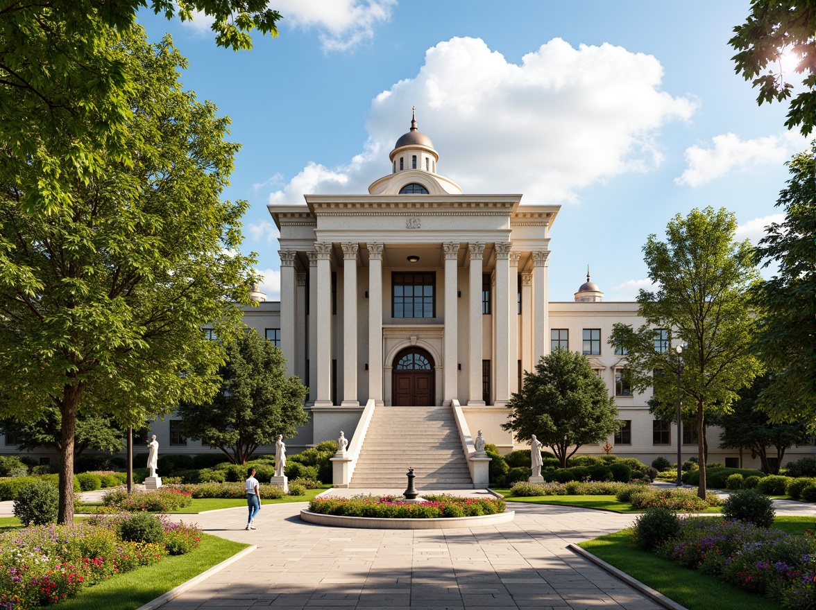 Prompt: Majestic courthouse building, neoclassical architecture, grand entrance stairs, ornate stone carvings, lush green lawns, vibrant flower beds, manicured hedges, walking paths, historic lamp posts, natural stone paving, symmetrical landscaping, serene water features, classical statues, sunny afternoon, soft warm lighting, shallow depth of field, 1/2 composition, realistic textures, ambient occlusion.