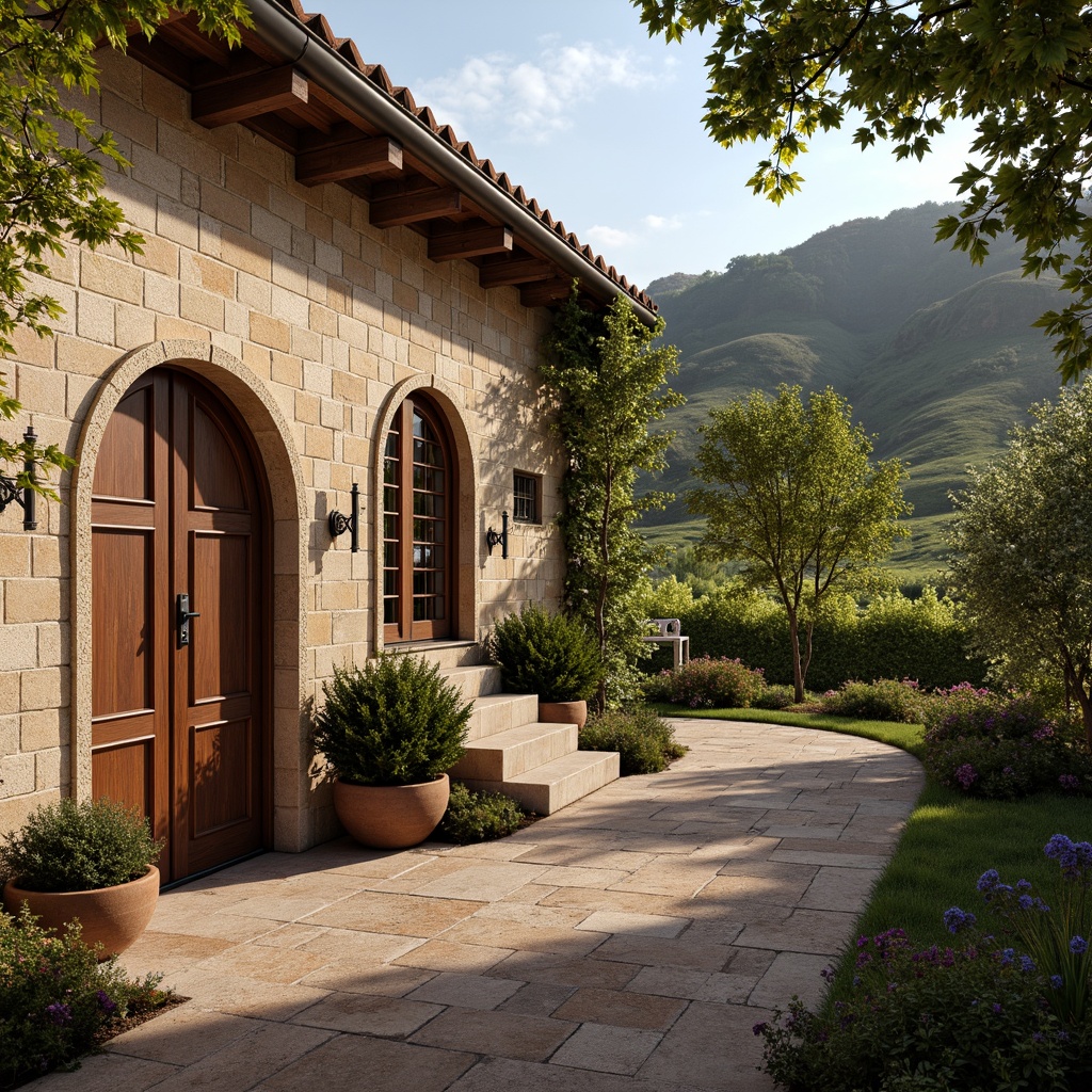 Prompt: Rustic winery facade, Renaissance-style architecture, stone walls, arched windows, ornate wooden doors, vintage metal accents, lush vineyards, rolling hills, Tuscan-inspired landscape, warm golden lighting, soft focus effect, 1/2 composition, symmetrical framing, realistic brick textures, ambient occlusion, elegant curved lines, classic Italianate details, earthy color palette, aged stone patina.