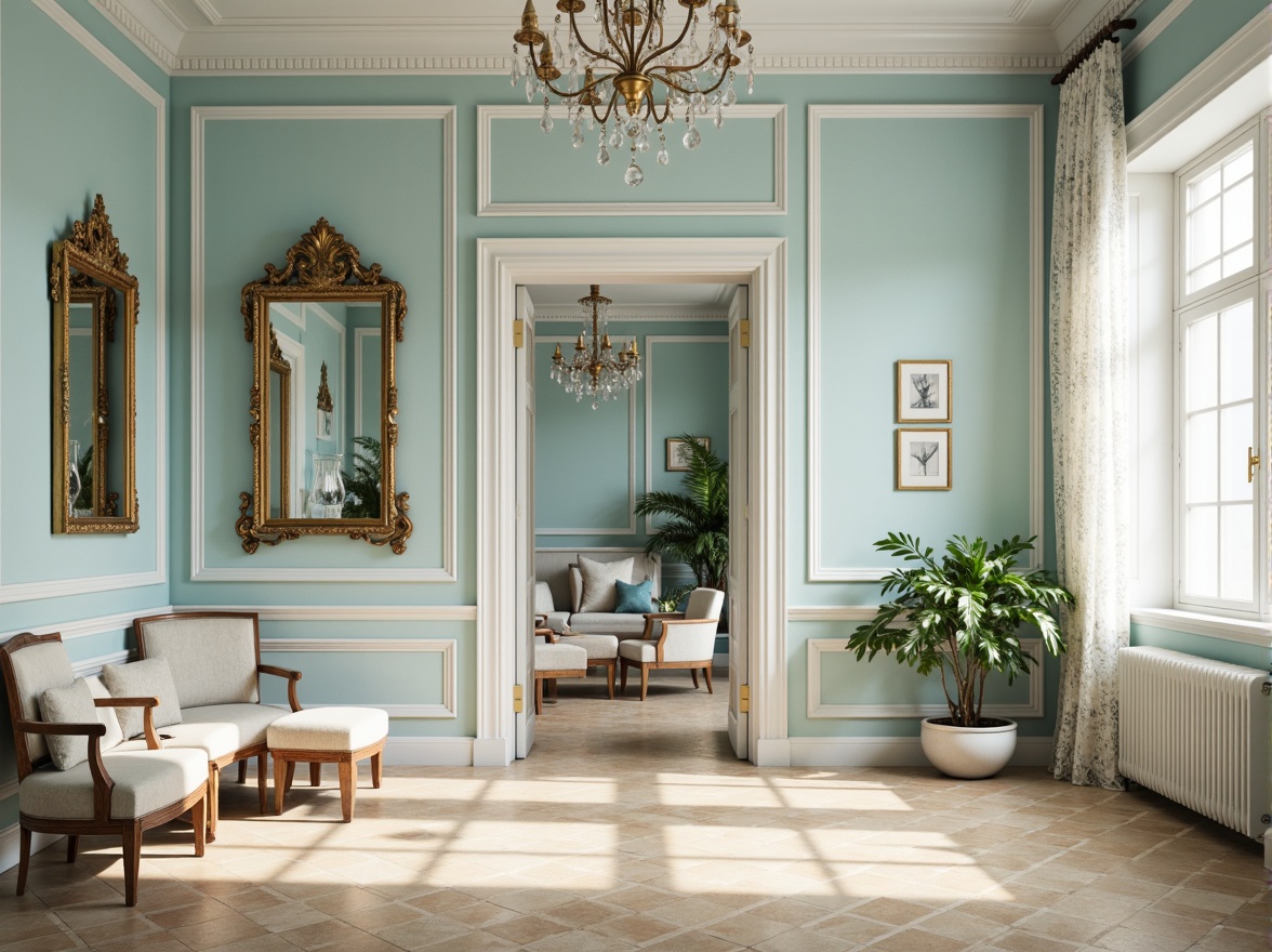 Prompt: Soft powder blue walls, creamy white trim, warm beige floors, elegant furnishings, ornate mirrors, delicate lace curtains, subtle gold accents, refined crystal chandeliers, natural light pouring in, airy atmosphere, shallow depth of field, 1/2 composition, realistic textures, ambient occlusion.