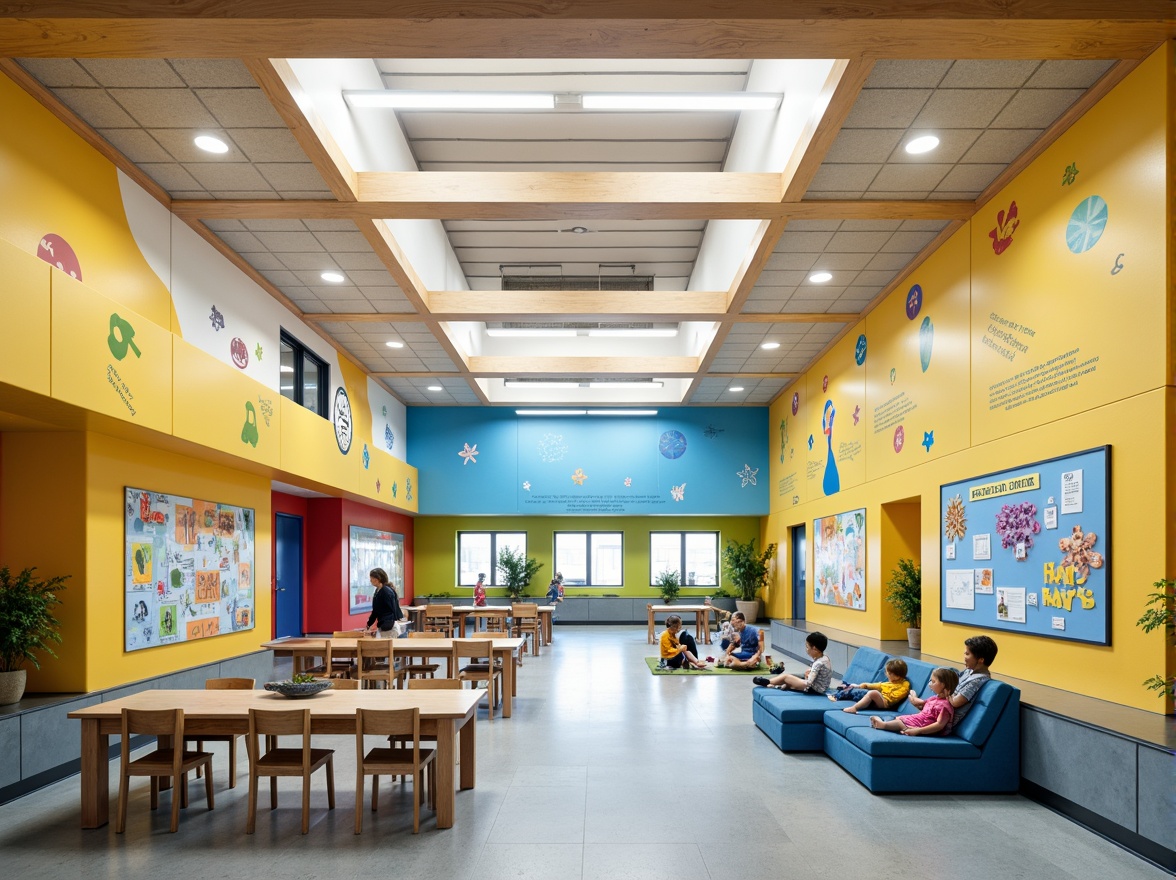 Prompt: Vibrant elementary school, playful color schemes, stimulating yellow walls, calming blue accents, natural wood tones, educational murals, interactive display boards, flexible seating areas, collaborative learning spaces, abundant daylight, soft diffused lighting, 3D visual aids, inspirational quotes, motivational graphics, dynamic patterns, harmonious textures, creative art corners, engaging science labs, futuristic technology hubs, eco-friendly materials, sustainable design elements, airy open corridors, minimalistic furniture, comfortable reading nooks.