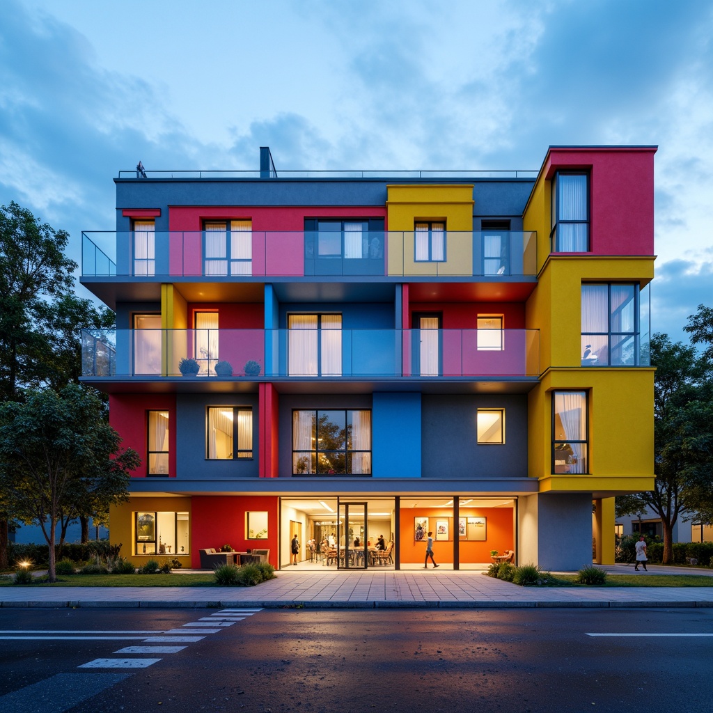 Prompt: Vibrant school facade, dynamic shapes, bold color blocks, irregular forms, experimental architecture, futuristic vibes, metallic materials, LED light installations, geometric patterns, urban cityscape, cloudy blue sky, warm afternoon lighting, shallow depth of field, 1/2 composition, wide-angle lens, realistic reflections, ambient occlusion.