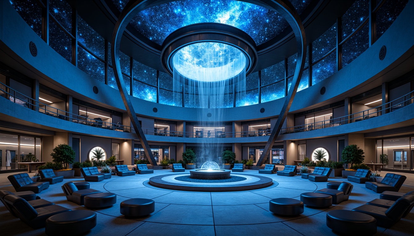 Prompt: Cosmic planetarium, sleek minimalist architecture, metallic surfaces, polished steel beams, glass domes, futuristic lighting systems, starry night sky projections, astronomical instrumentations, circular seating arrangements, ambient blue glow, soft diffused lighting, shallow depth of field, 1/1 composition, panoramic view, realistic textures, ambient occlusion.