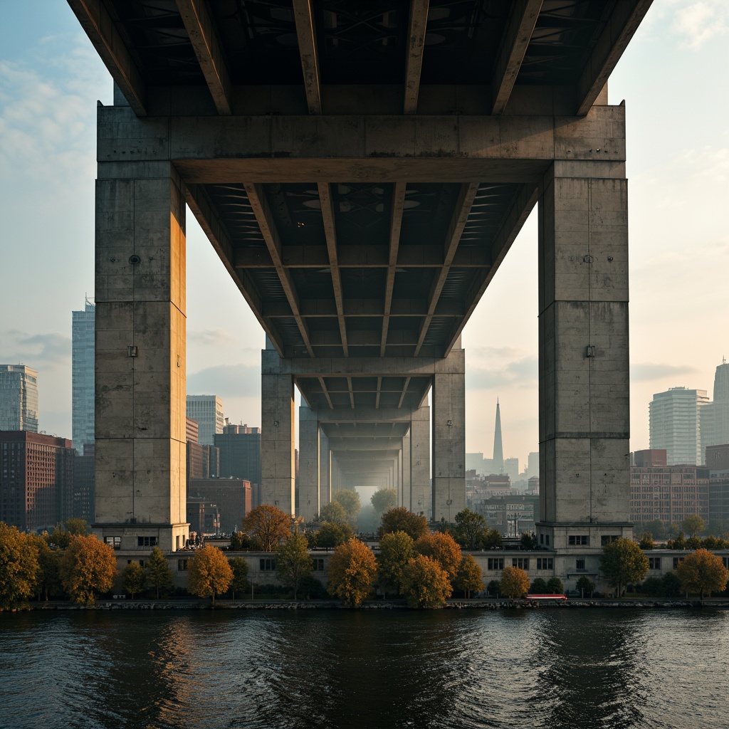 Prompt: Rugged brutalist bridge, exposed concrete structure, weathered steel beams, industrial color palette, muted earth tones, raw umber, cold grey, dark bronze, warm beige, urban cityscape, misty morning atmosphere, soft diffused lighting, shallow depth of field, cinematic composition, dramatic shadows, gritty textures.