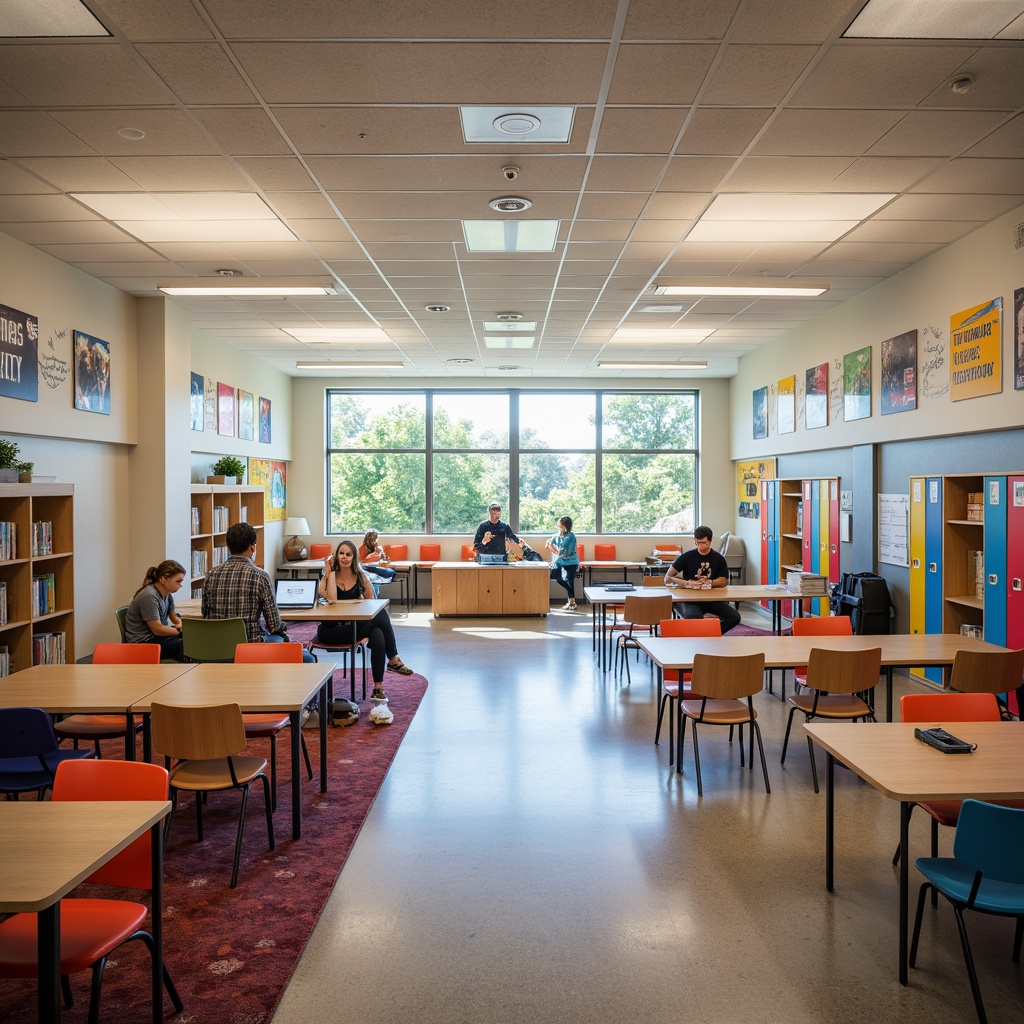 Prompt: Vibrant middle school interior, open classrooms, collaborative learning spaces, colorful lockers, wooden desks, comfortable seating areas, educational posters, inspirational quotes, natural light-filled corridors, acoustic ceiling tiles, durable flooring, modern LED lighting, energetic color schemes, dynamic shelving units, interactive whiteboards, flexible furniture arrangements, cozy reading nooks, technology-integrated tables, circular gathering spaces, soft carpeted floors, subtle texture variations, shallow depth of field, 1/1 composition, realistic renderings, ambient occlusion.